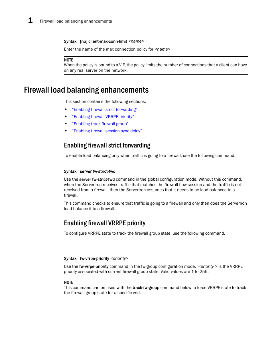 Firewall load balancing enhancements, Enabling firewall strict forwarding, Enabling firewall vrrpe priority | Brocade Communications Systems ServerIron ADX 12.4.00a User Manual | Page 48 / 226