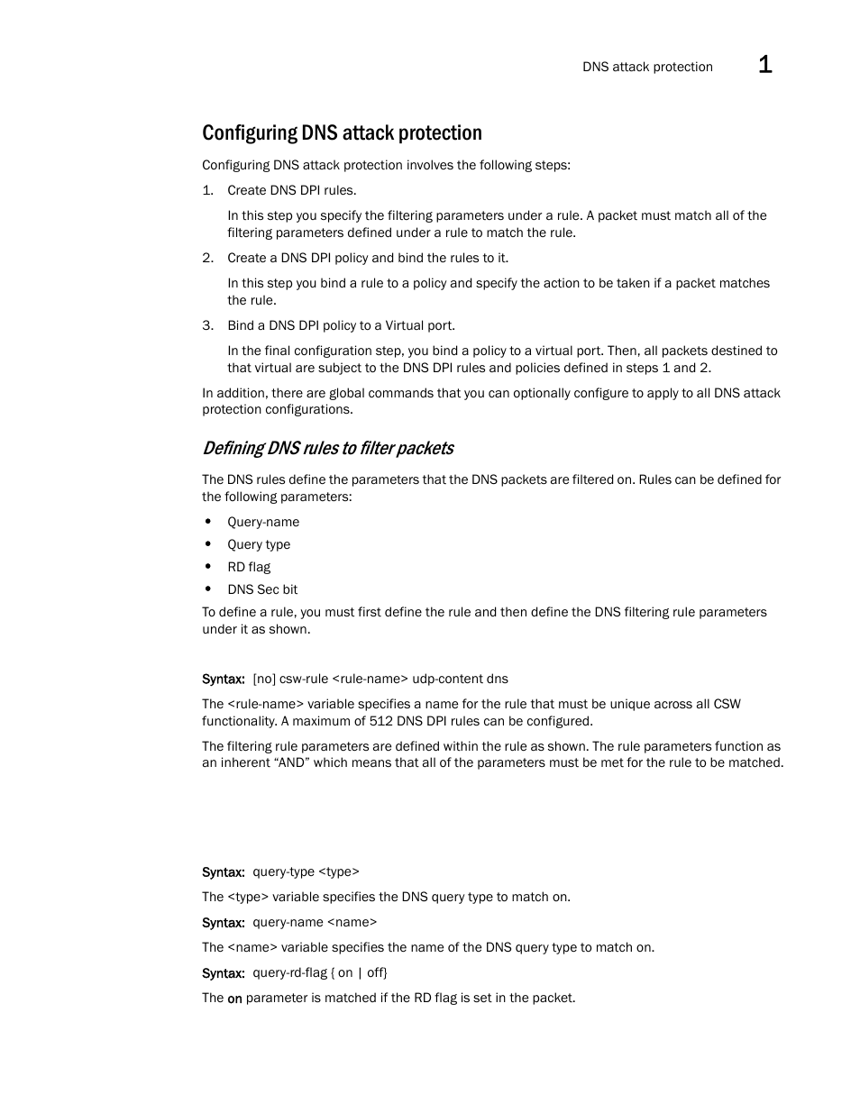 Configuring dns attack protection, Defining dns rules to filter packets | Brocade Communications Systems ServerIron ADX 12.4.00a User Manual | Page 57 / 226