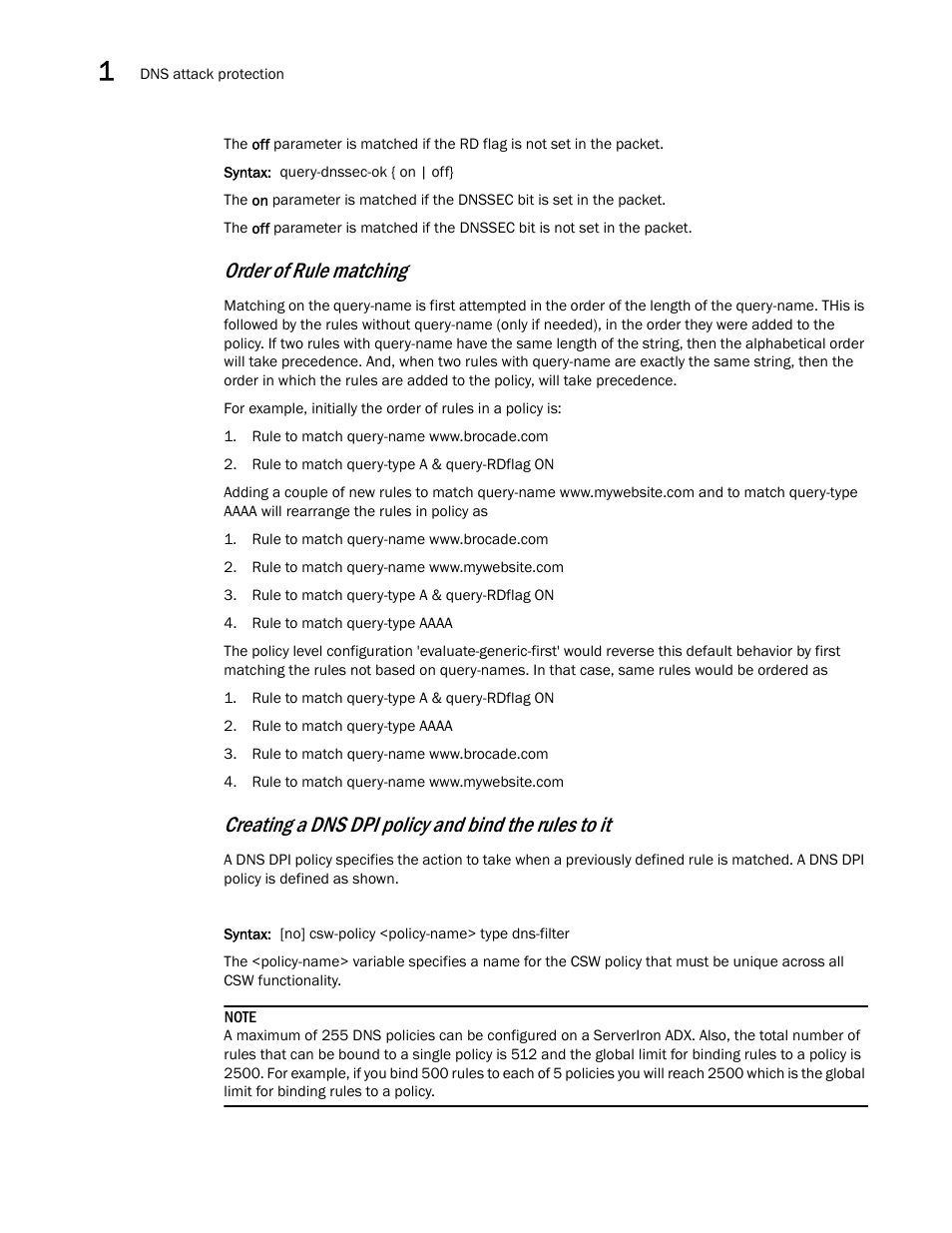 Order of rule matching, Creating a dns dpi policy and bind the rules to it | Brocade Communications Systems ServerIron ADX 12.4.00a User Manual | Page 58 / 226