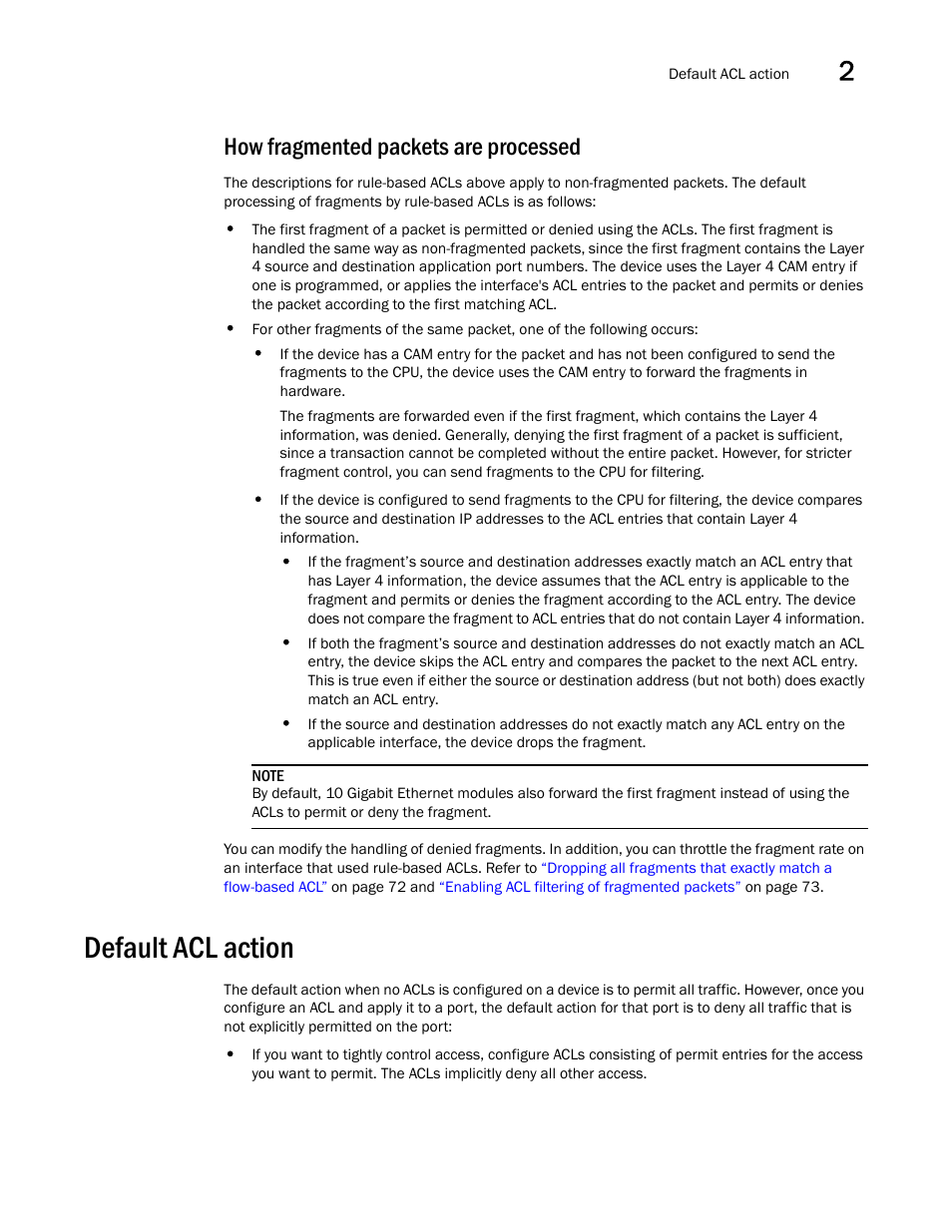 How fragmented packets are processed, Default acl action | Brocade Communications Systems ServerIron ADX 12.4.00a User Manual | Page 65 / 226