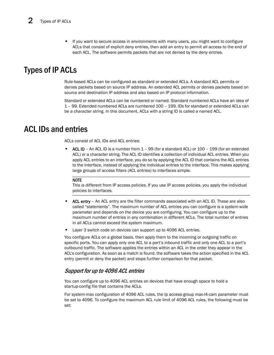 Types of ip acls, Acl ids and entries, Support for up to 4096 acl entries | Brocade Communications Systems ServerIron ADX 12.4.00a User Manual | Page 66 / 226