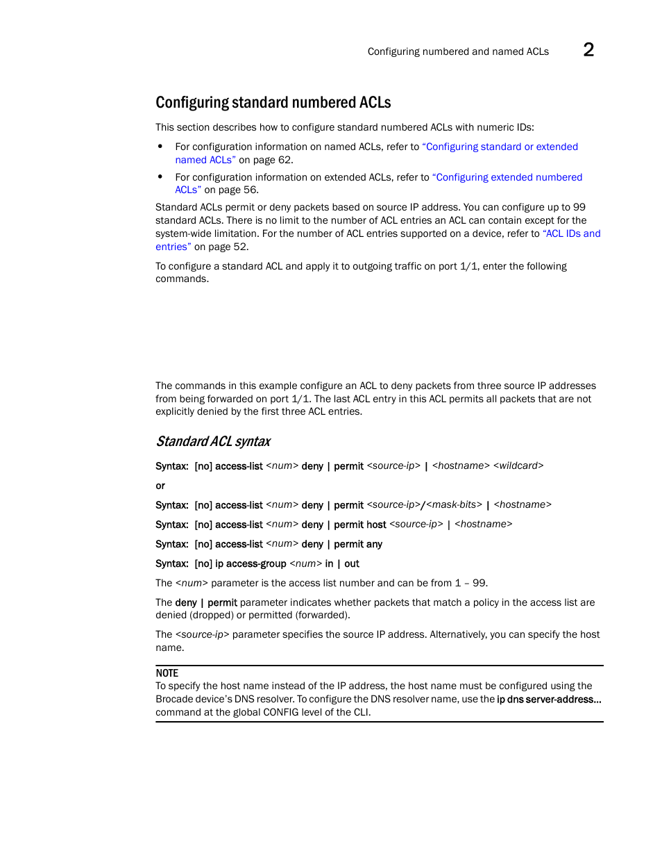 Configuring standard numbered acls, Standard acl syntax | Brocade Communications Systems ServerIron ADX 12.4.00a User Manual | Page 69 / 226