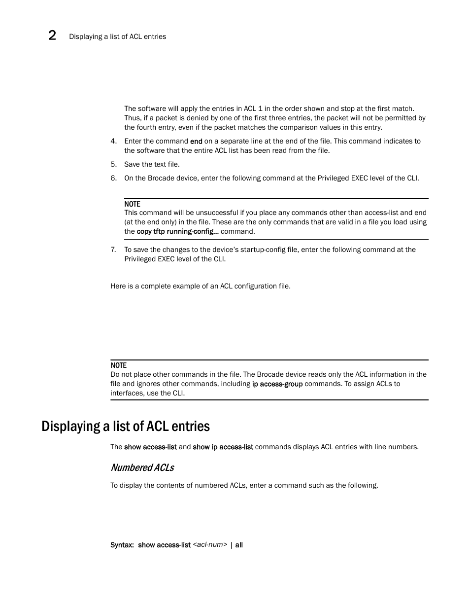 Displaying a list of acl entries, Numbered acls | Brocade Communications Systems ServerIron ADX 12.4.00a User Manual | Page 82 / 226