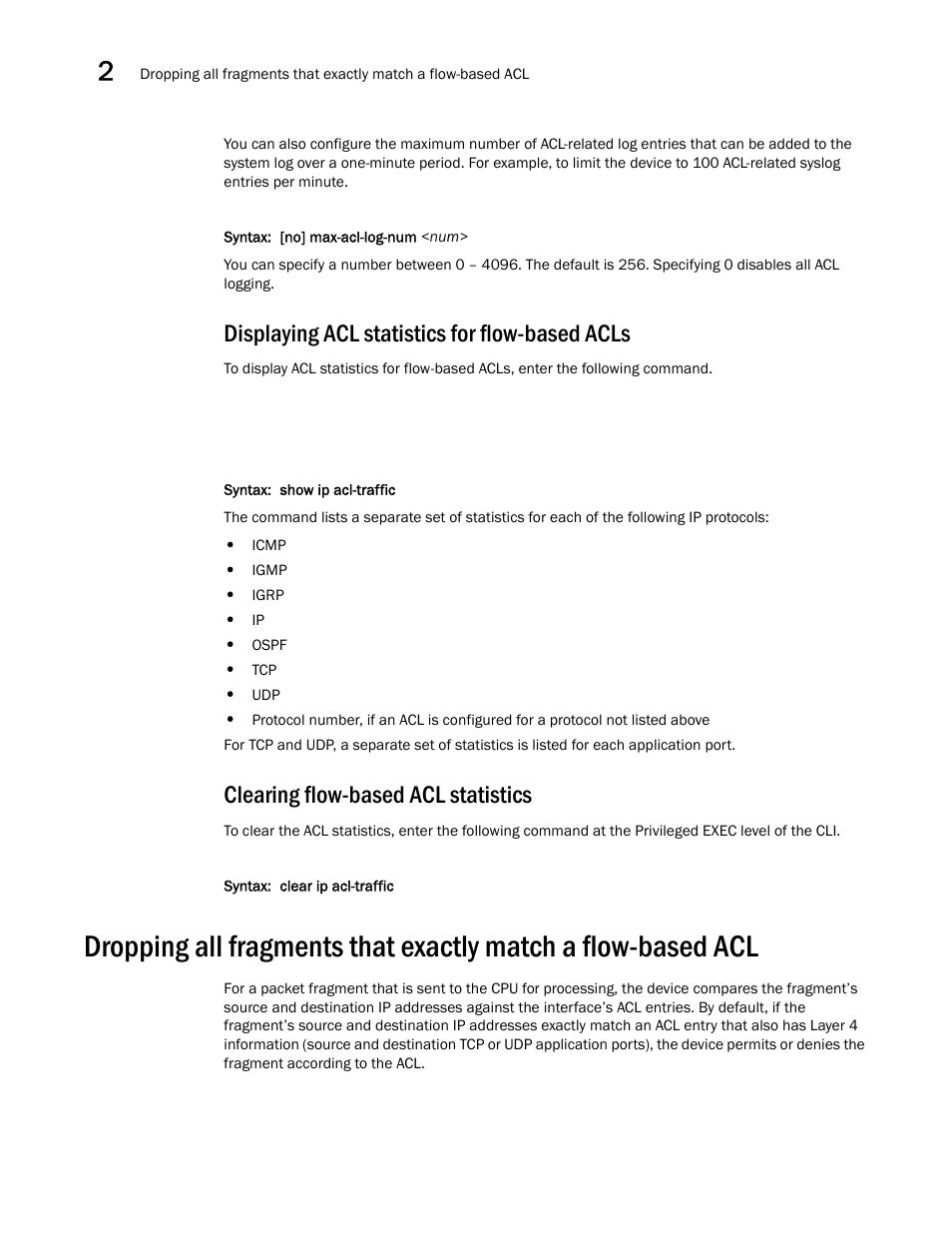 Displaying acl statistics for flow-based acls, Clearing flow-based acl statistics | Brocade Communications Systems ServerIron ADX 12.4.00a User Manual | Page 86 / 226
