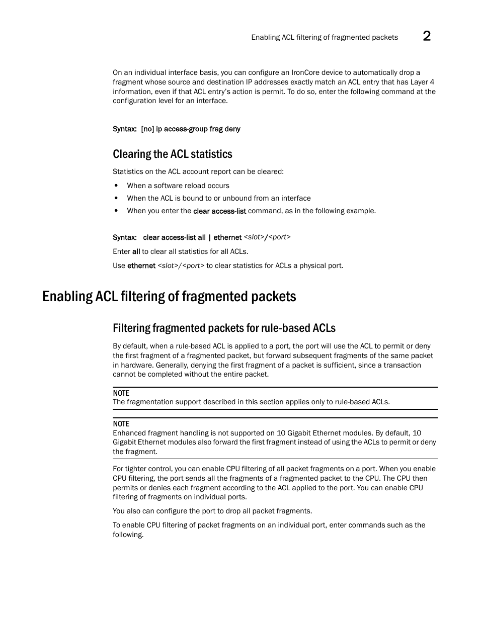Clearing the acl statistics, Enabling acl filtering of fragmented packets, Filtering fragmented packets for rule-based acls | Brocade Communications Systems ServerIron ADX 12.4.00a User Manual | Page 87 / 226