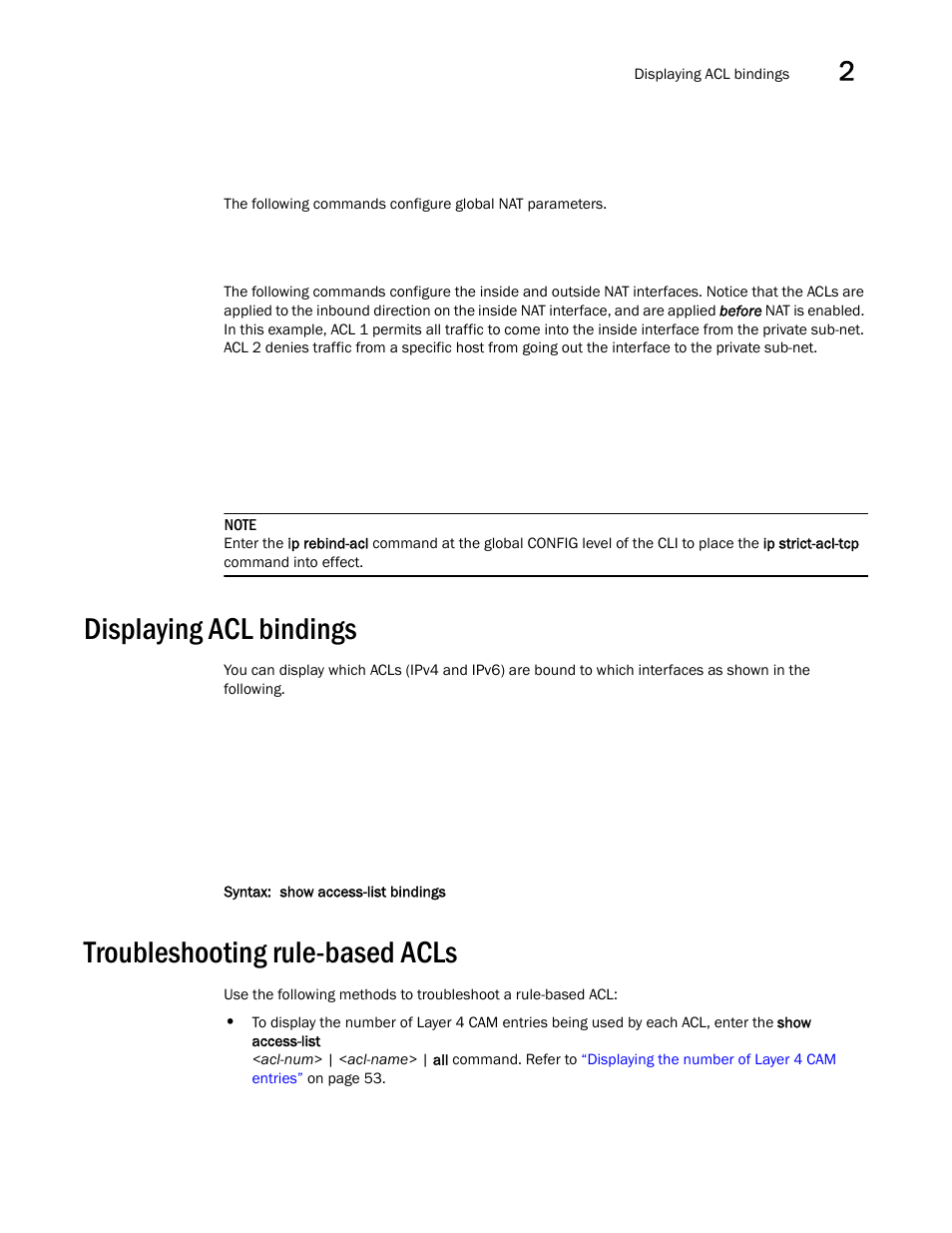 Displaying acl bindings, Troubleshooting rule-based acls | Brocade Communications Systems ServerIron ADX 12.4.00a User Manual | Page 97 / 226