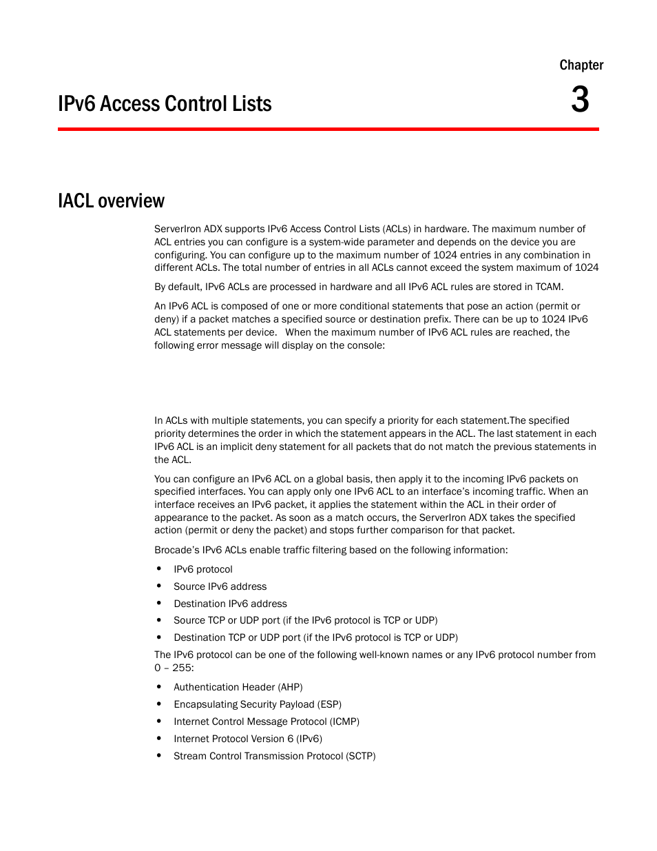 Ipv6 access control lists, Iacl overview, Chapter 3 | Chapter | Brocade Communications Systems ServerIron ADX 12.4.00a User Manual | Page 99 / 226