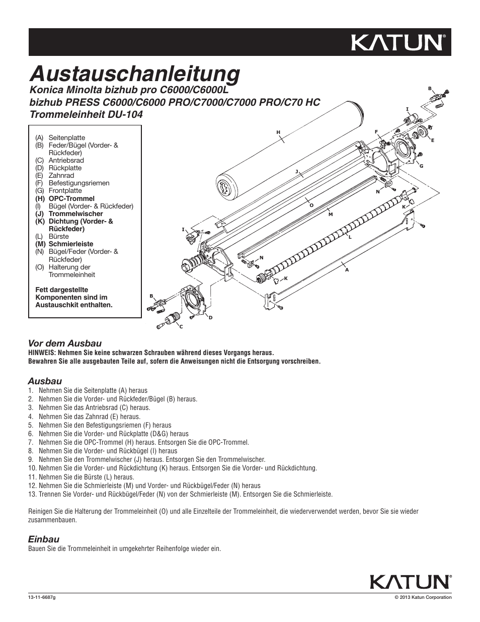 6687g knm c6000 dkt rbi, Austauschanleitung, Vor dem ausbau | Ausbau, Einbau | Katun Konica Minolta bizhub PRESS C6000-series User Manual | Page 3 / 6