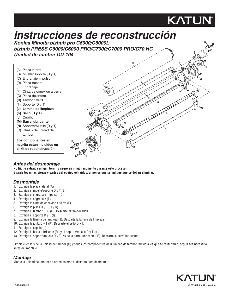 6687s25 knm c6000 dkt rbi, Instrucciones de reconstrucción, Antes del desmontaje | Desmontaje, Montaje | Katun Konica Minolta bizhub PRESS C6000-series User Manual | Page 6 / 6