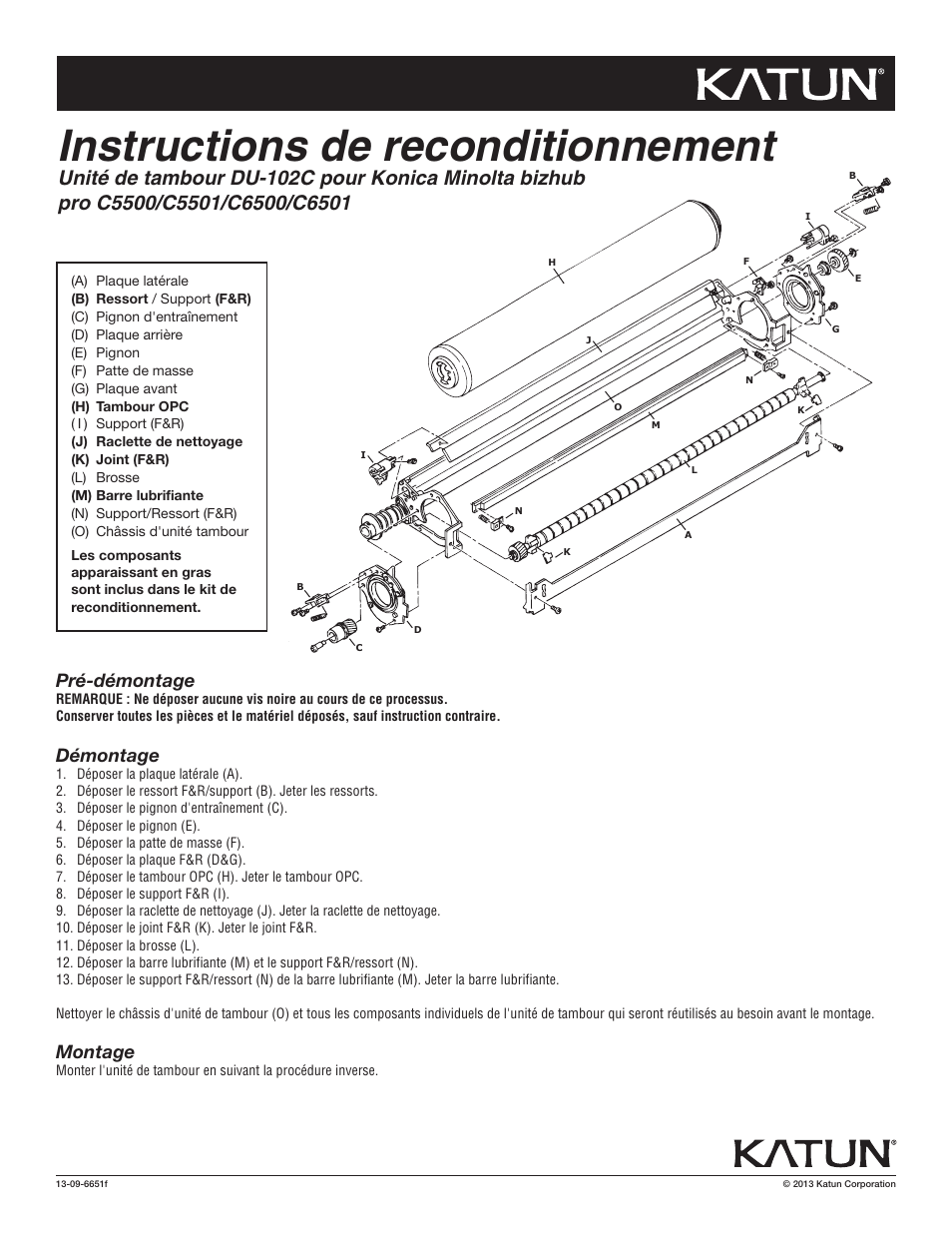 6651f kn bh c5500 rbi, Instructions de reconditionnement, Pré-démontage | Démontage, Montage | Katun Konica Minolta bizhub pro C5500-series User Manual | Page 2 / 6