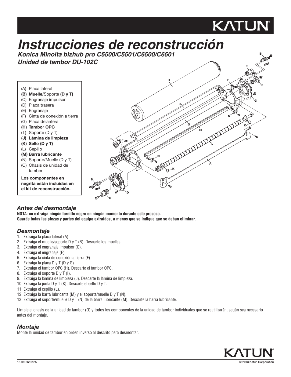 6651s25 kn bh c5500 rbi, Instrucciones de reconstrucción, Antes del desmontaje | Desmontaje, Montaje | Katun Konica Minolta bizhub pro C5500-series User Manual | Page 6 / 6