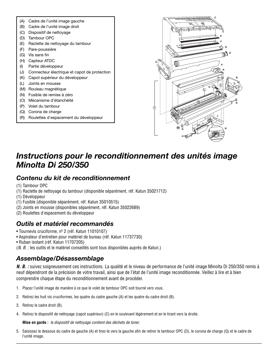 Contenu du kit de reconditionnement, Outils et matériel recommandés, Assemblage/désassemblage | Katun Minolta Di 351F Imaging Unit User Manual | Page 5 / 12