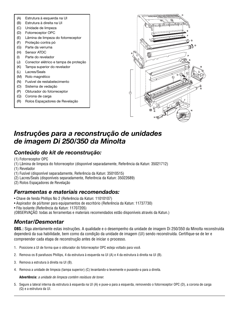 Conteúdo do kit de reconstrução, Ferramentas e materiais recomendados, Montar/desmontar | Katun Minolta Di 351F Imaging Unit User Manual | Page 7 / 12