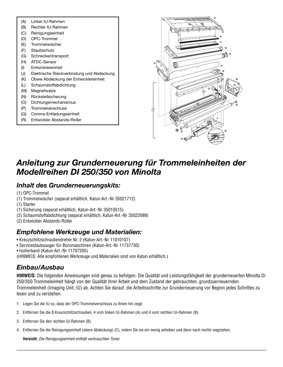 Inhalt des grunderneuerungskits, Empfohlene werkzeuge und materialien, Einbau/ausbau | Katun Minolta Di 351F Imaging Unit User Manual | Page 9 / 12