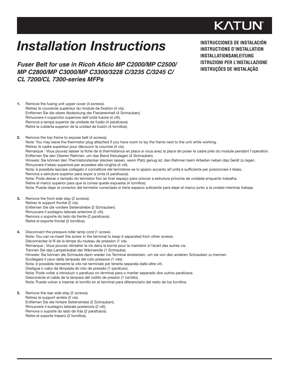 Katun Ricoh Aficio MP 3228C-series Fuser Belt User Manual | 6 pages