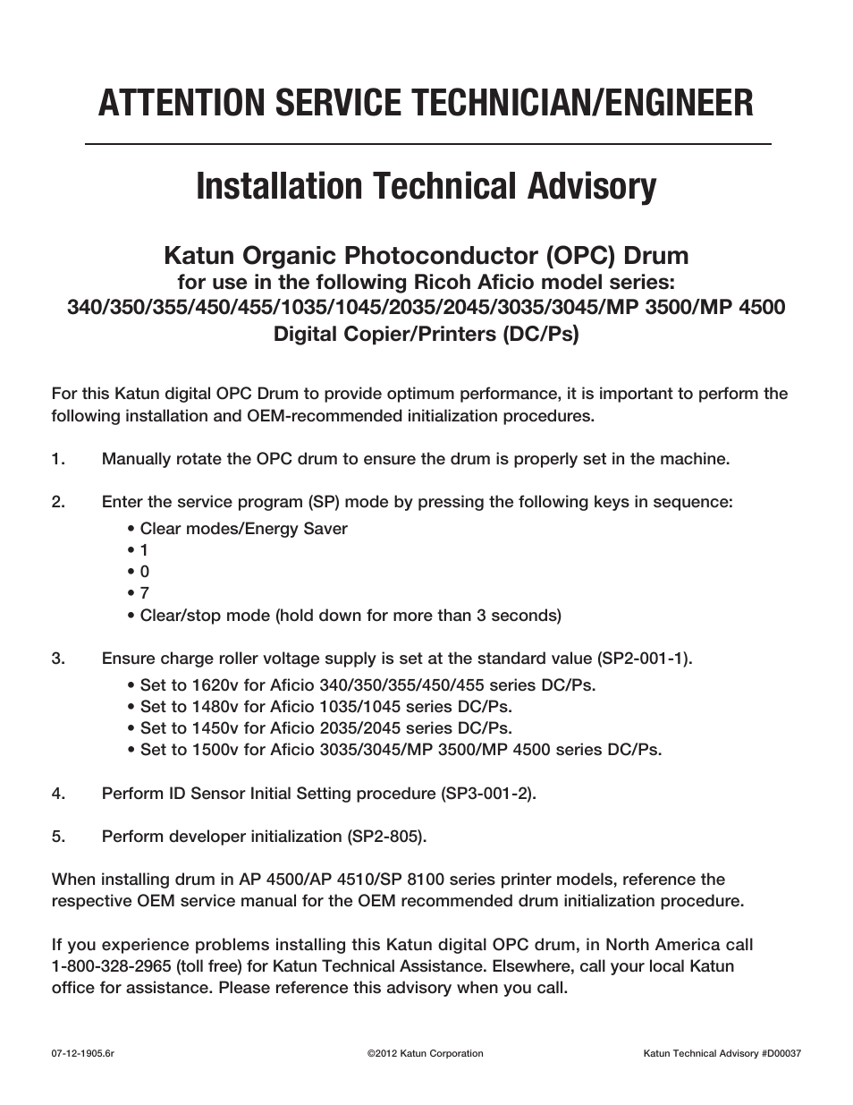 Katun Ricoh Aficio OPC Drum Installation Technical Advisory User Manual | 2 pages