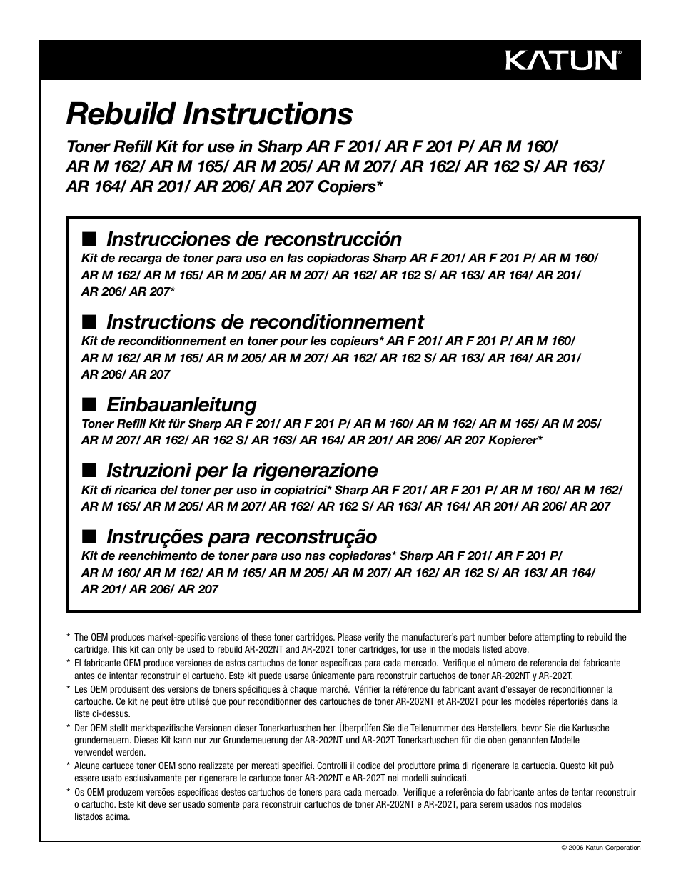 Katun Sharp AR 207 Copiers - Toner Refill Kit User Manual | 20 pages