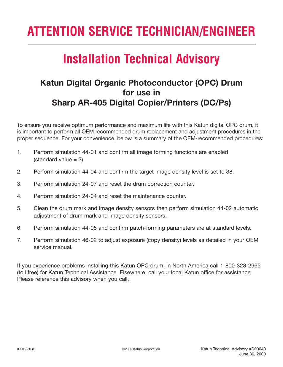 Katun Sharp AR-405 Drum ITA User Manual | 1 page