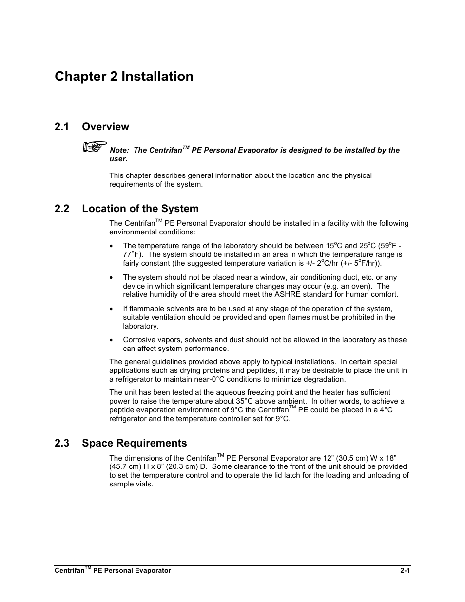 Chapter 2 installation, 1 overview, 2 location of the system | 3 space requirements | KD Scientific Centrifan PE User Manual | Page 17 / 40