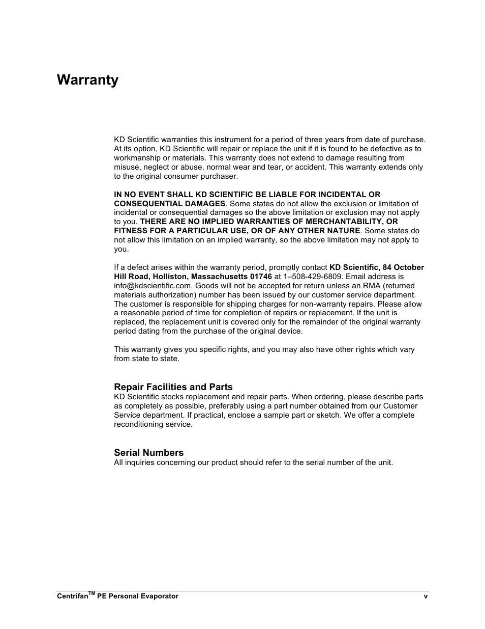 Warranty | KD Scientific Centrifan PE User Manual | Page 5 / 40
