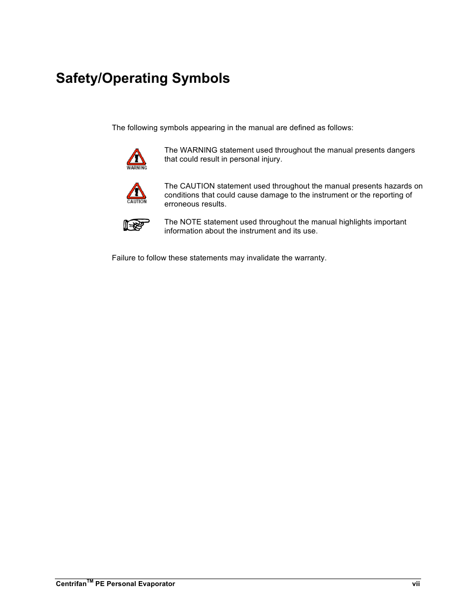 Safety/operating symbols | KD Scientific Centrifan PE User Manual | Page 7 / 40