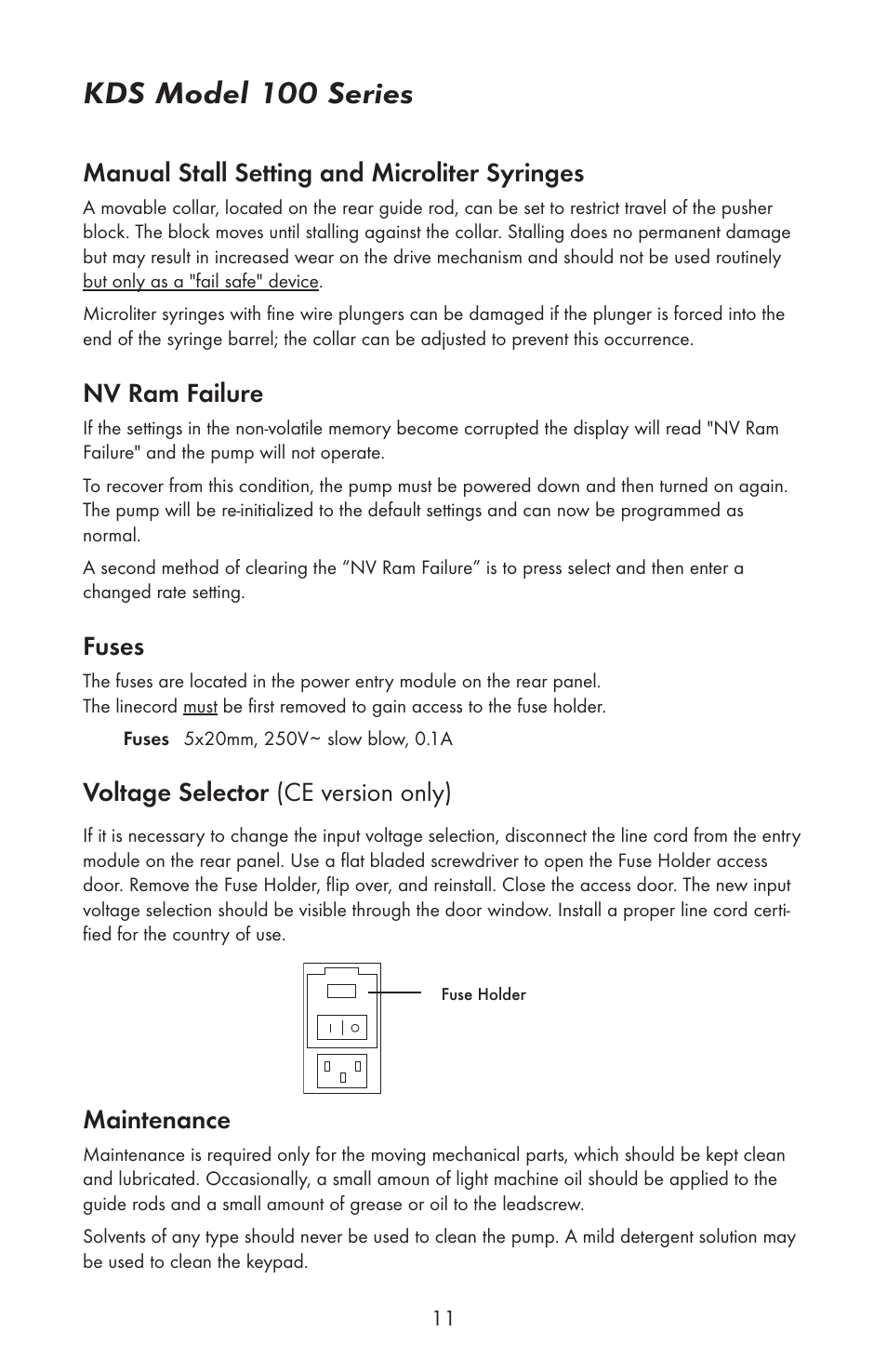 Kds model 100 series, Manual stall setting and microliter syringes, Nv ram failure | Fuses, Voltage selector (ce version only), Maintenance | KD Scientific 100 Series User Manual | Page 13 / 18