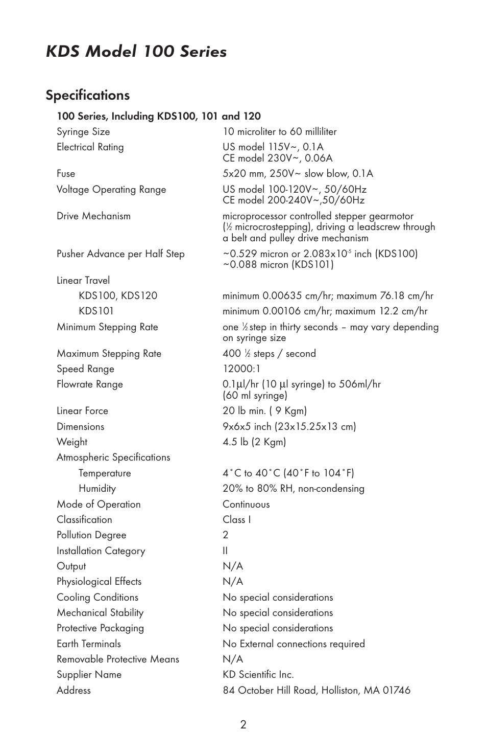 Kds model 100 series, Specifications | KD Scientific 100 Series User Manual | Page 4 / 18