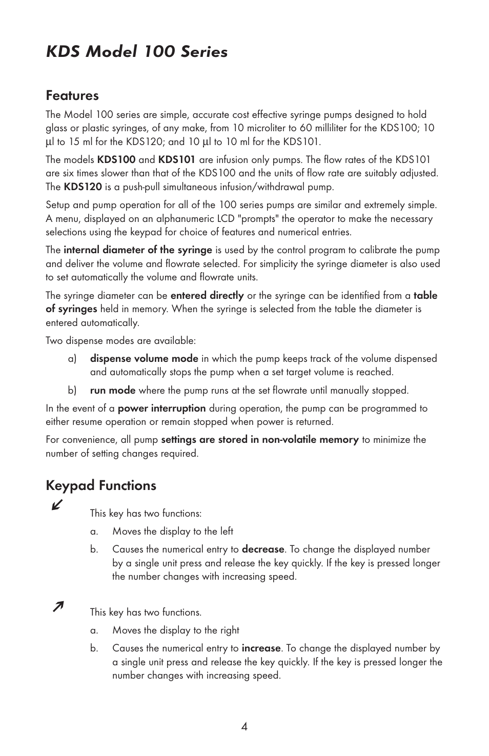 Kds model 100 series, Keypad functions, Features | KD Scientific 100 Series User Manual | Page 6 / 18