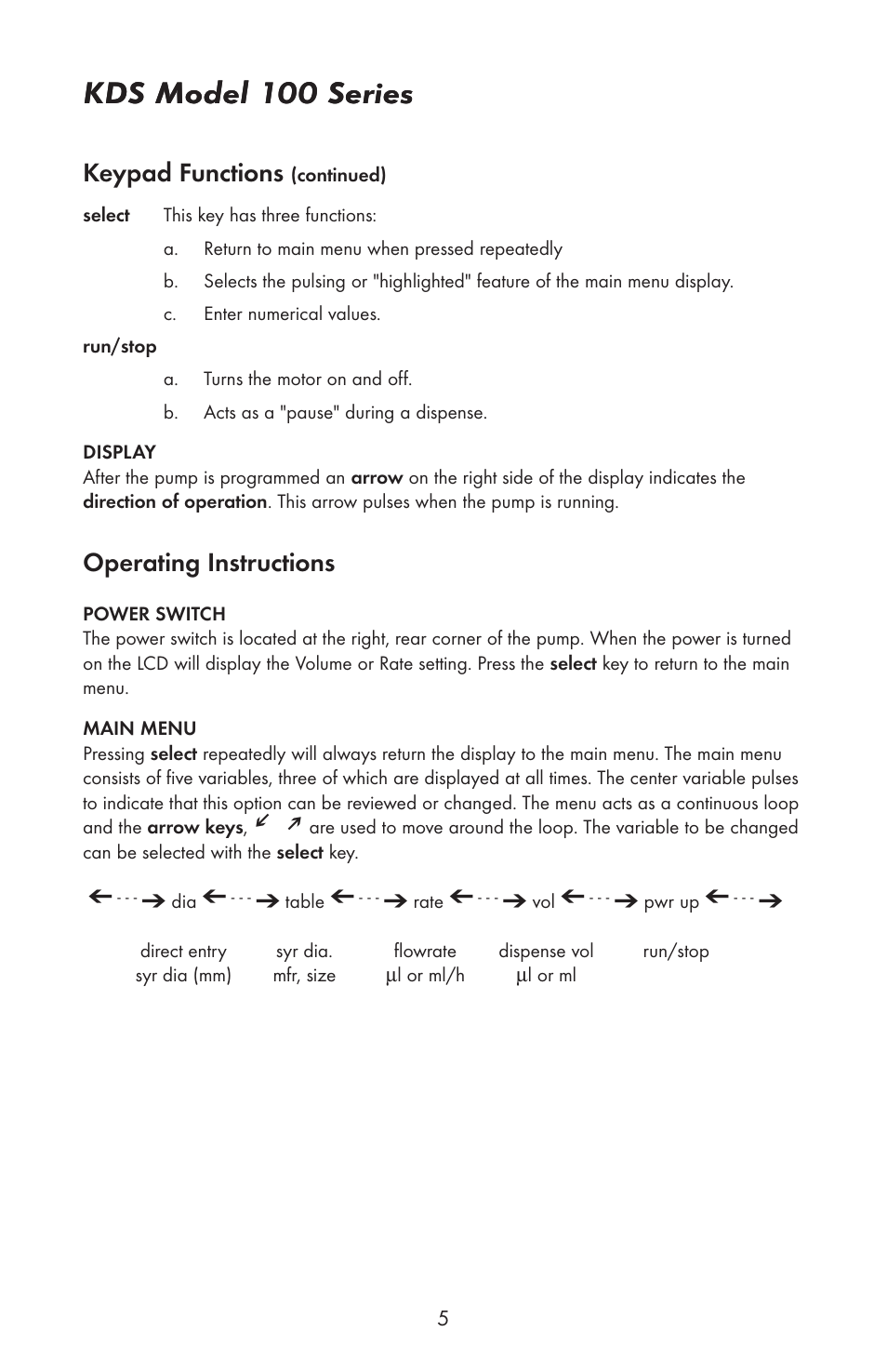 Kds model 100 series, Keypad functions, Operating instructions | KD Scientific 100 Series User Manual | Page 7 / 18