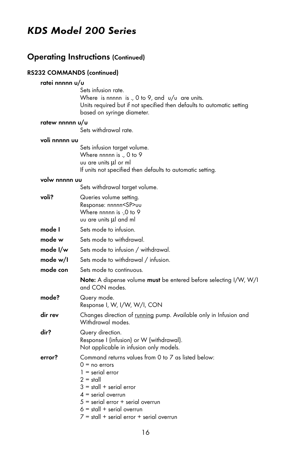 Kds model 200 series, Operating instructions | KD Scientific 200 Series User Manual | Page 20 / 39