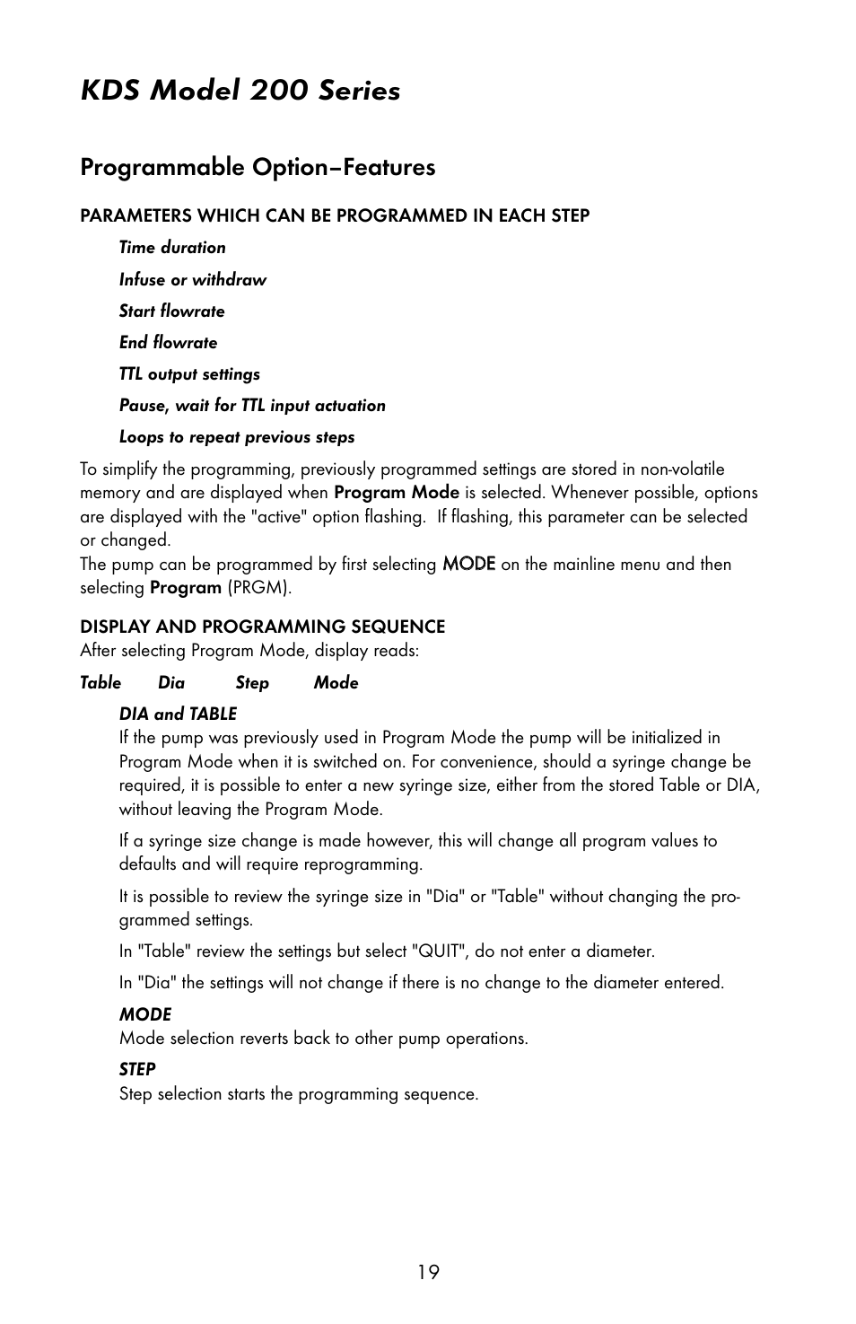 Kds model 200 series, Programmable option–features | KD Scientific 200 Series User Manual | Page 23 / 39