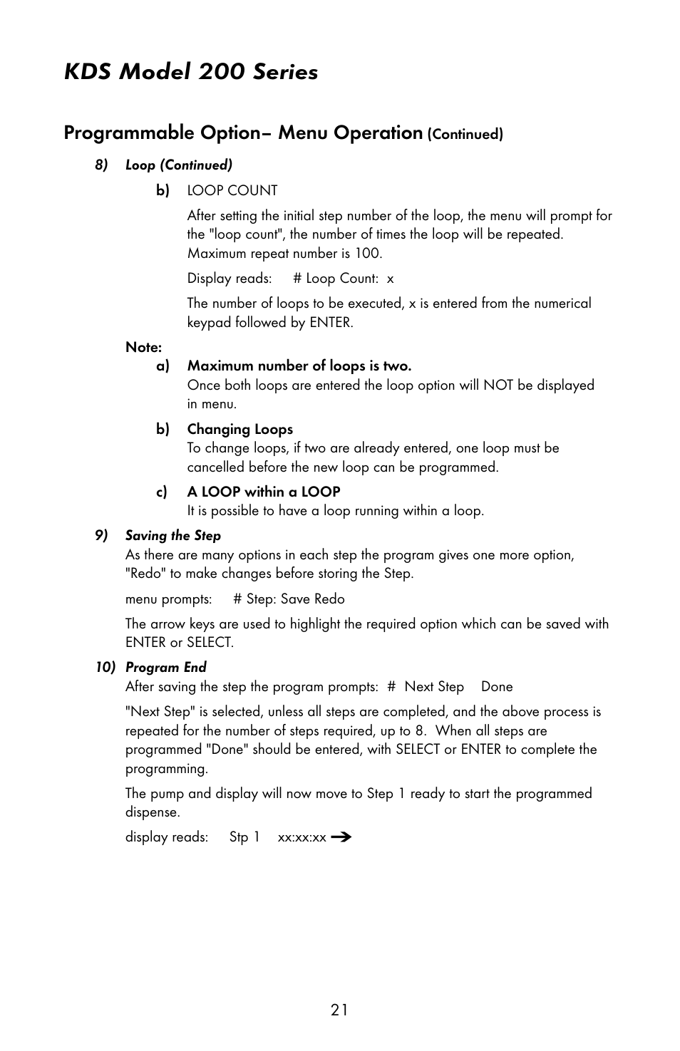 Kds model 200 series, Programmable option– menu operation | KD Scientific 200 Series User Manual | Page 25 / 39