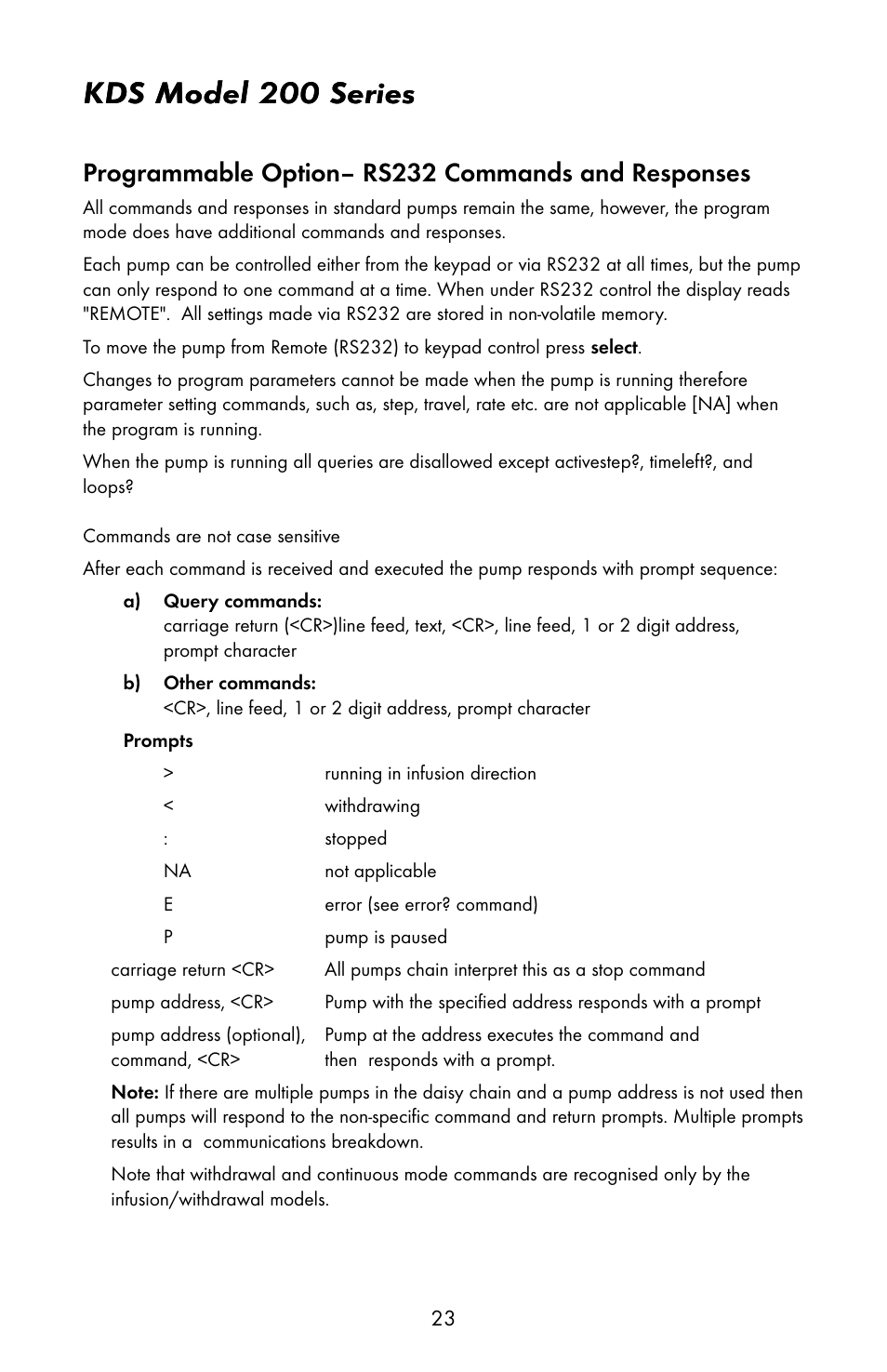 Kds model 200 series, Programmable option– rs232 commands and responses | KD Scientific 200 Series User Manual | Page 27 / 39