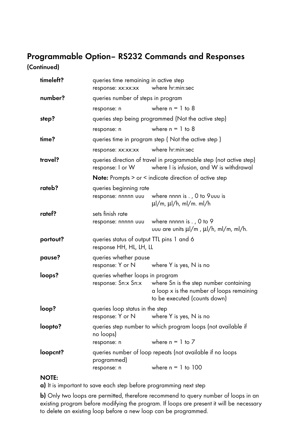 Programmable option– rs232 commands and responses | KD Scientific 200 Series User Manual | Page 29 / 39