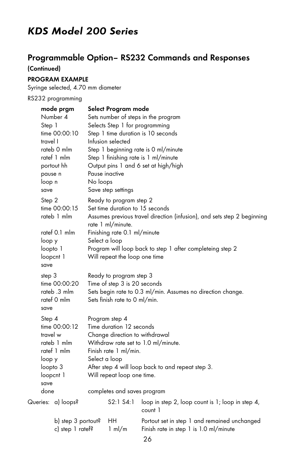 Kds model 200 series, Programmable option– rs232 commands and responses | KD Scientific 200 Series User Manual | Page 30 / 39
