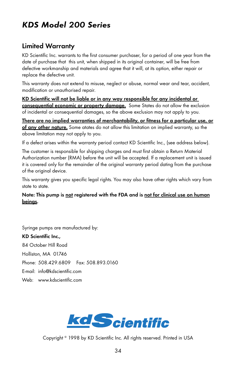 Kds model 200 series, Limited warranty | KD Scientific 200 Series User Manual | Page 38 / 39