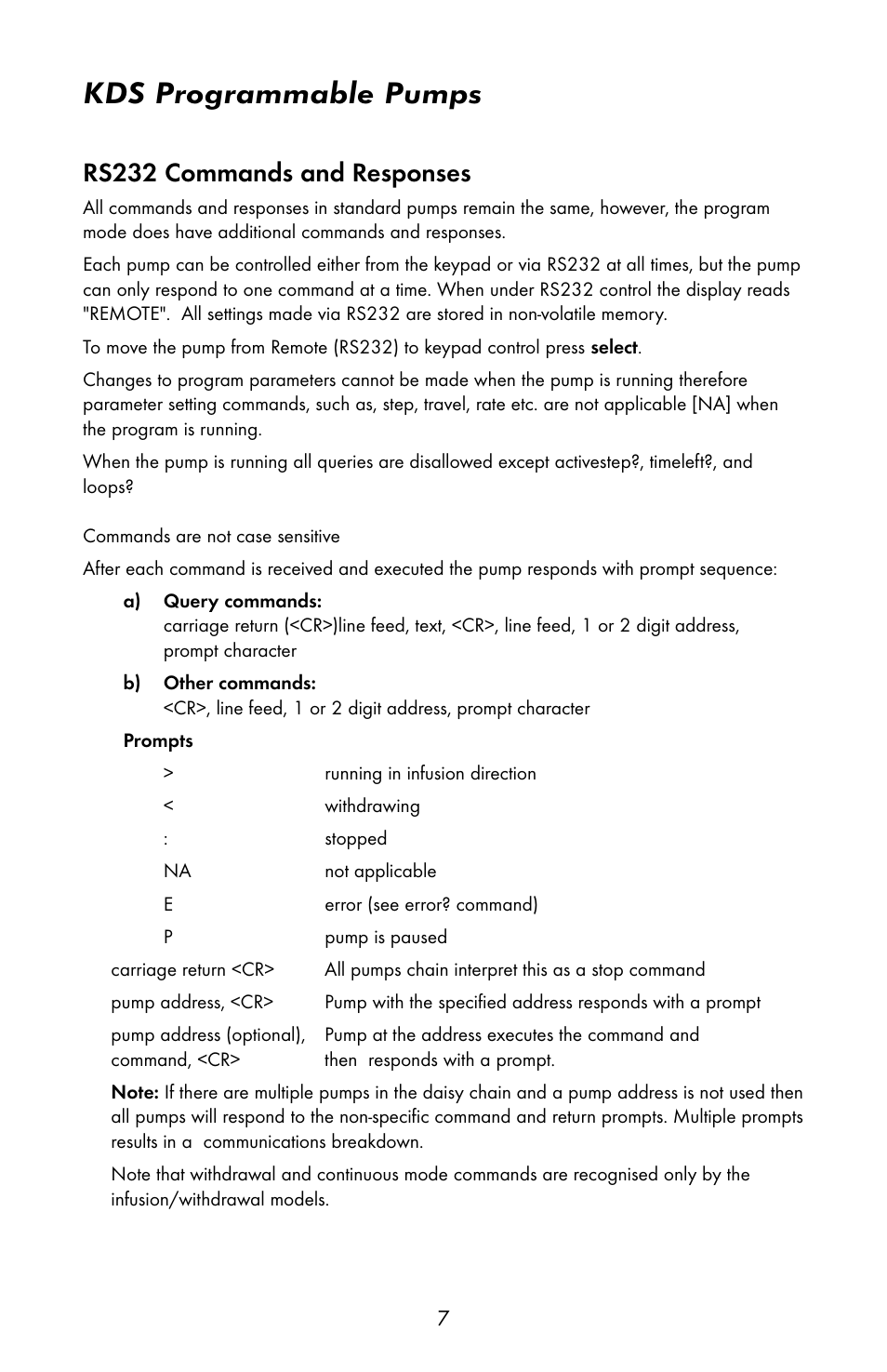Kds programmable pumps, Rs232 commands and responses | KD Scientific 200 Programmable Manual User Manual | Page 10 / 15