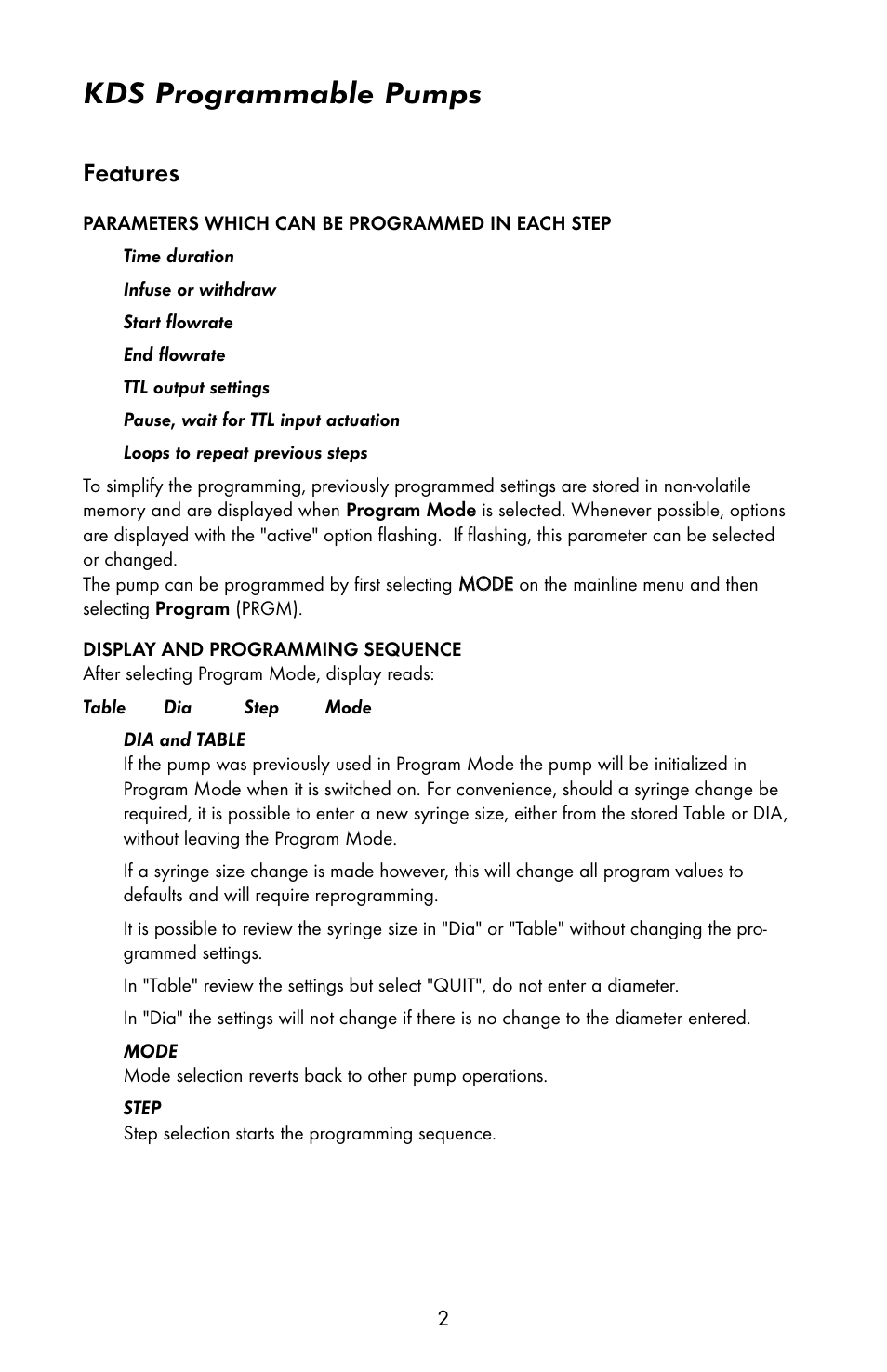 Kds programmable pumps, Features | KD Scientific 200 Programmable Manual User Manual | Page 5 / 15