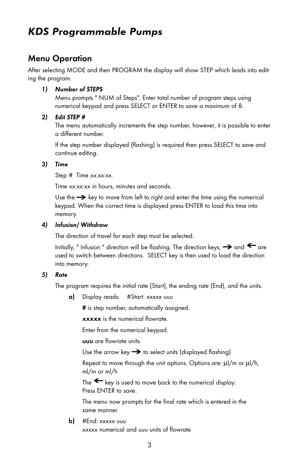 Kds programmable pumps, Menu operation | KD Scientific 200 Programmable Manual User Manual | Page 6 / 15