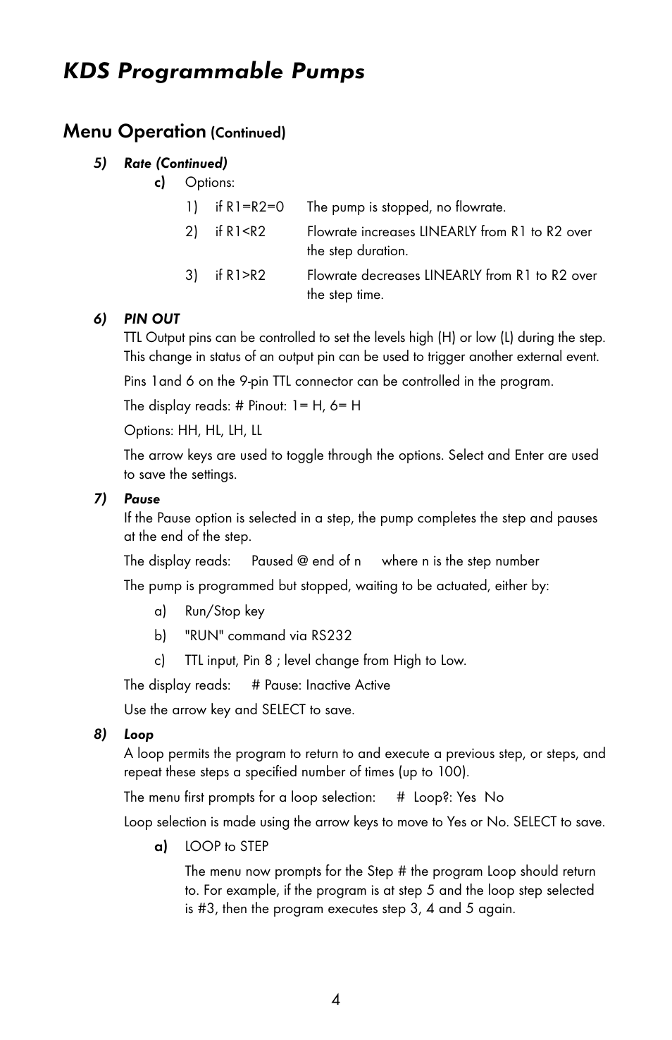 Kds programmable pumps, Menu operation | KD Scientific 200 Programmable Manual User Manual | Page 7 / 15