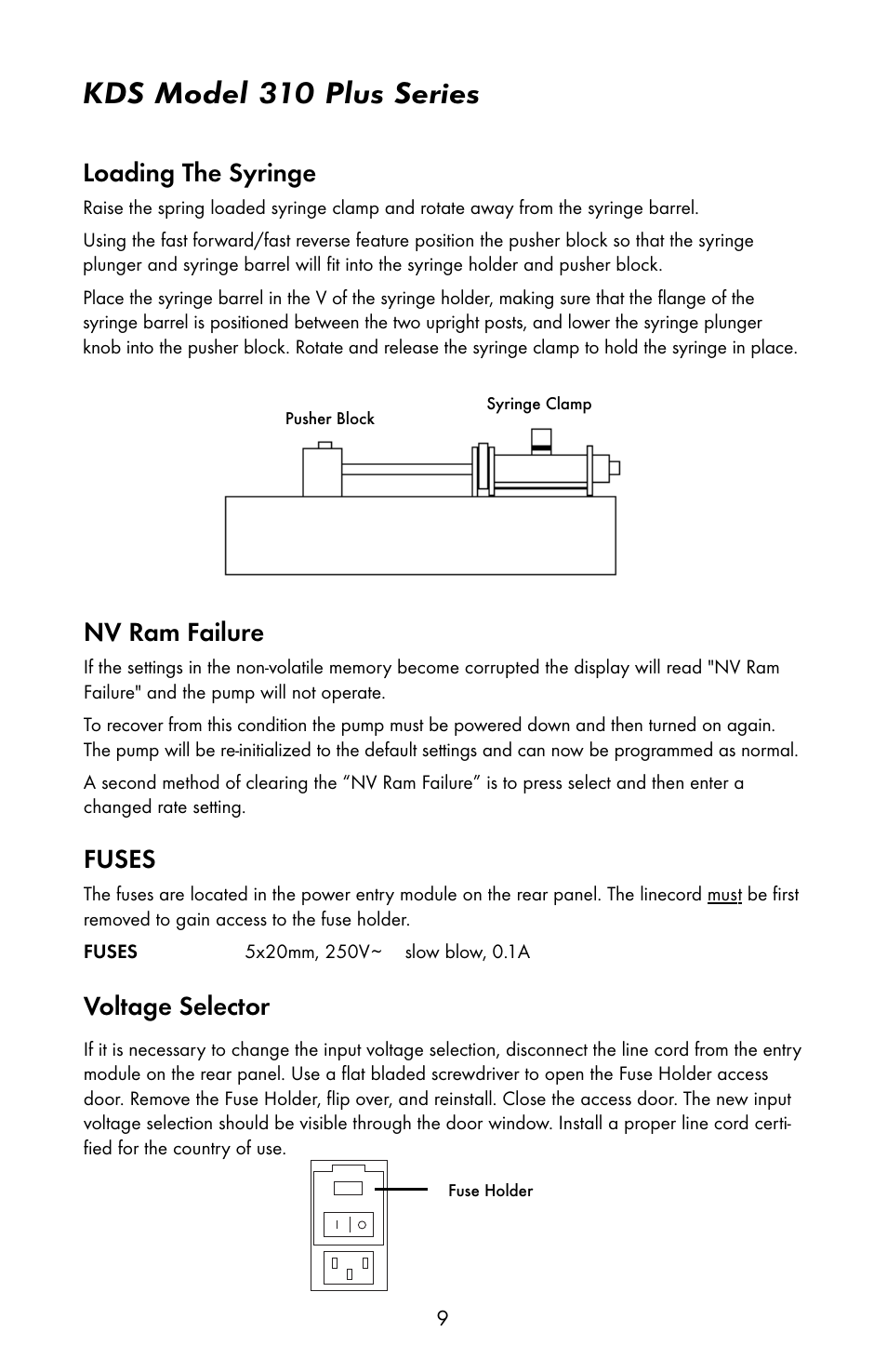 Kds model 310 plus series, Loading the syringe, Nv ram failure | Fuses, Voltage selector | KD Scientific 310 User Manual | Page 11 / 14