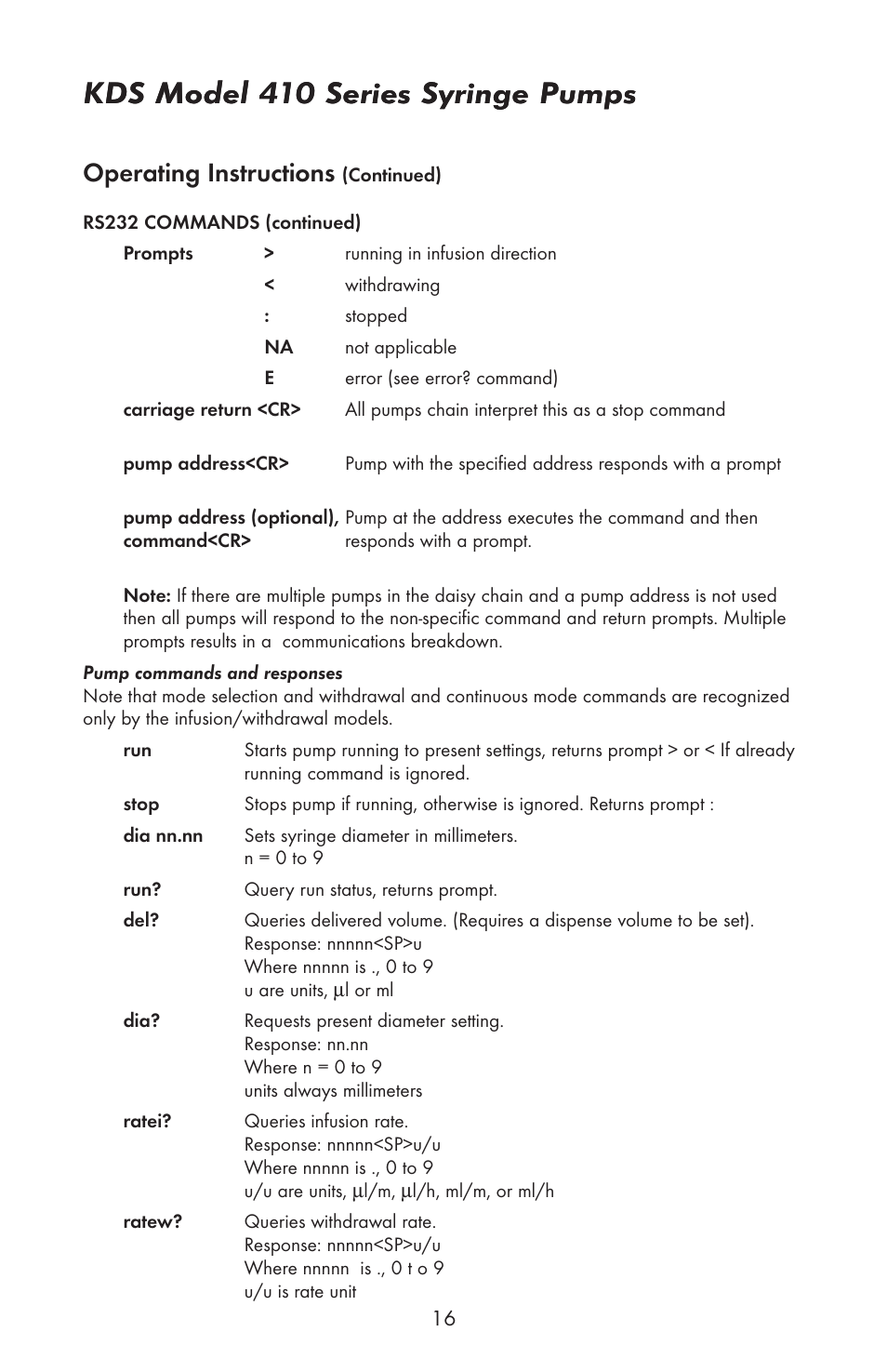 Kds model 410 series syringe pumps, Operating instructions | KD Scientific 410 User Manual | Page 18 / 38