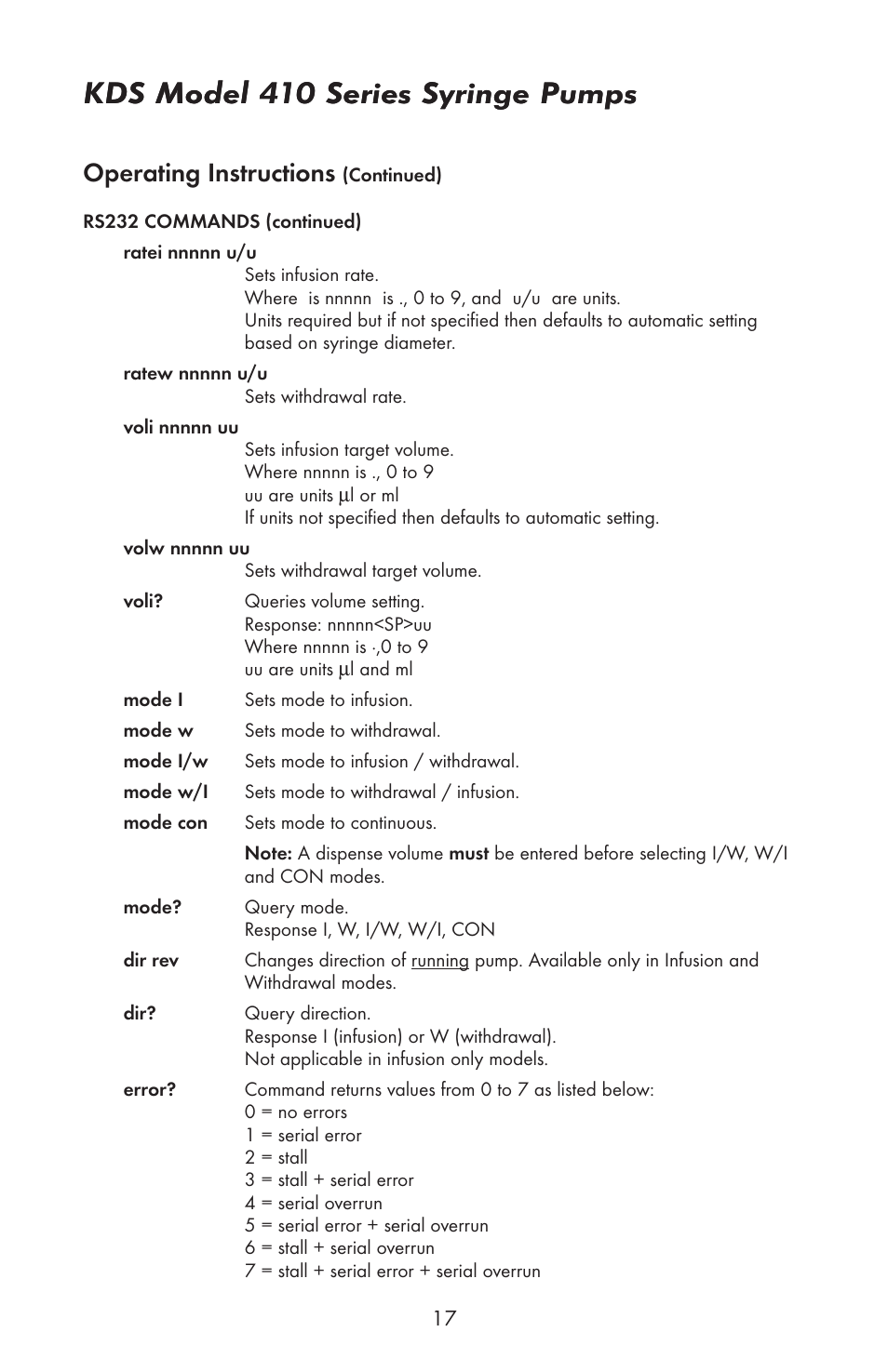 Kds model 410 series syringe pumps, Operating instructions | KD Scientific 410 User Manual | Page 19 / 38