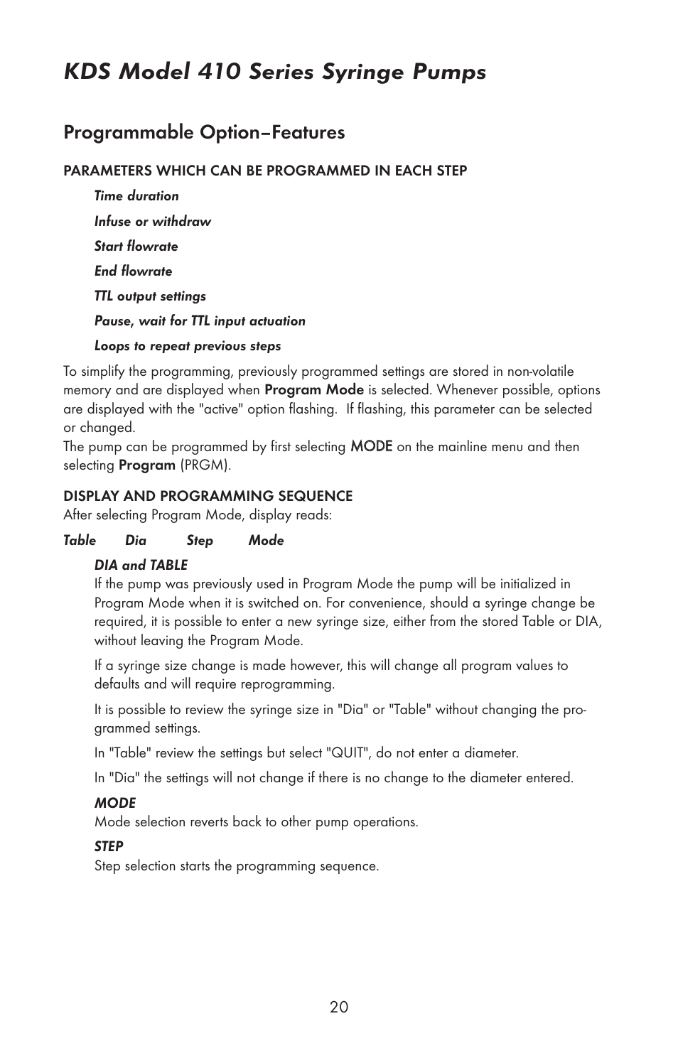 Kds model 410 series syringe pumps, Programmable option–features | KD Scientific 410 User Manual | Page 22 / 38