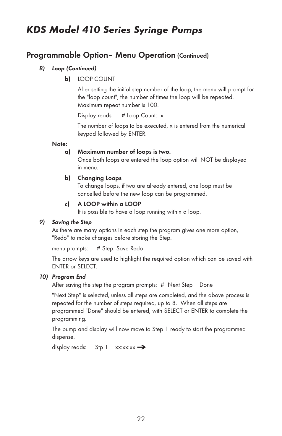 Kds model 410 series syringe pumps, Programmable option– menu operation | KD Scientific 410 User Manual | Page 24 / 38