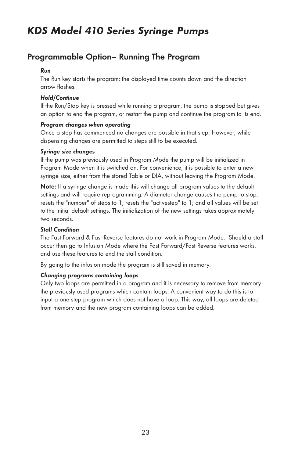 Kds model 410 series syringe pumps, Programmable option– running the program | KD Scientific 410 User Manual | Page 25 / 38