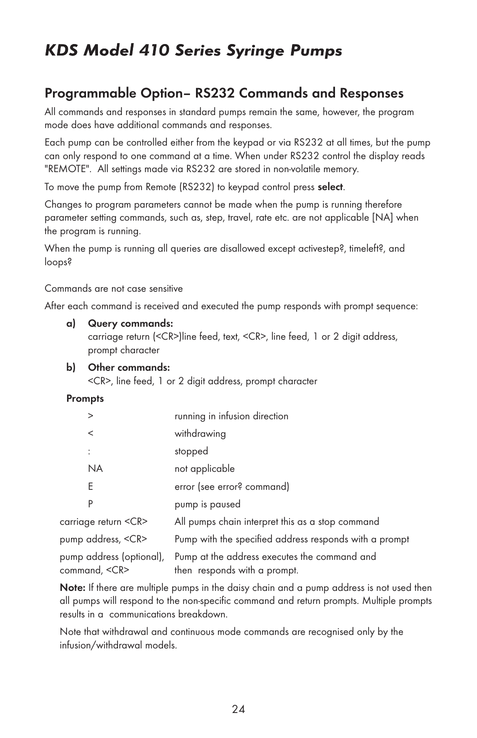 Kds model 410 series syringe pumps, Programmable option– rs232 commands and responses | KD Scientific 410 User Manual | Page 26 / 38