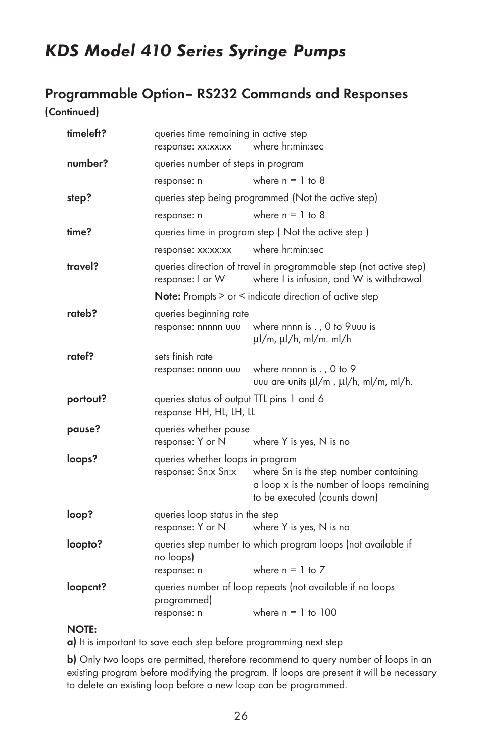 Kds model 410 series syringe pumps, Programmable option– rs232 commands and responses | KD Scientific 410 User Manual | Page 28 / 38