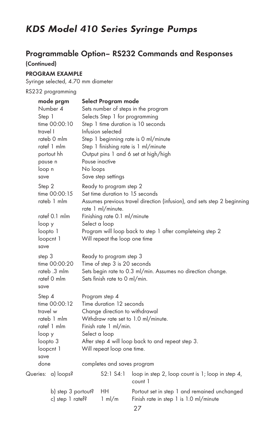 Kds model 410 series syringe pumps, Programmable option– rs232 commands and responses | KD Scientific 410 User Manual | Page 29 / 38
