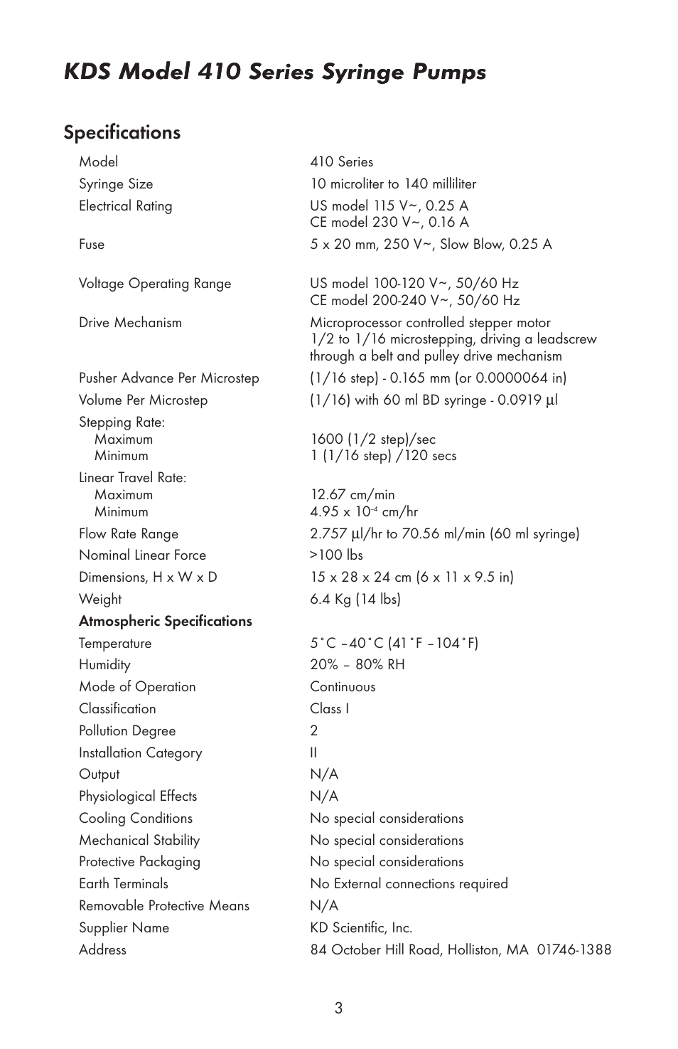 Kds model 410 series syringe pumps, Specifications | KD Scientific 410 User Manual | Page 5 / 38